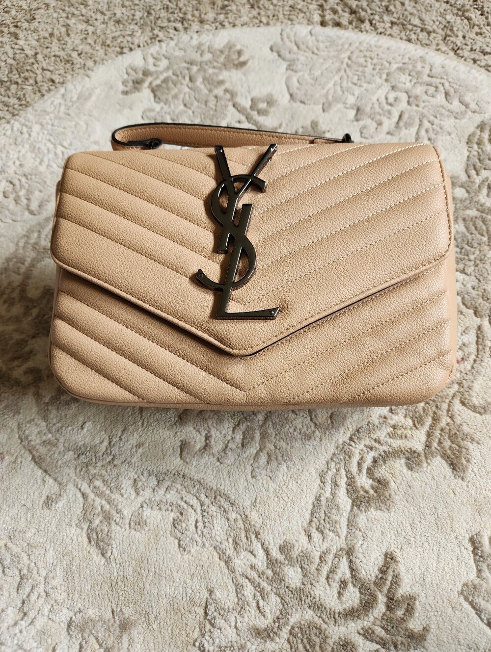Saint Laurent Nude Quilted Chevron Shoulder Bag with Silver YSL Hardware